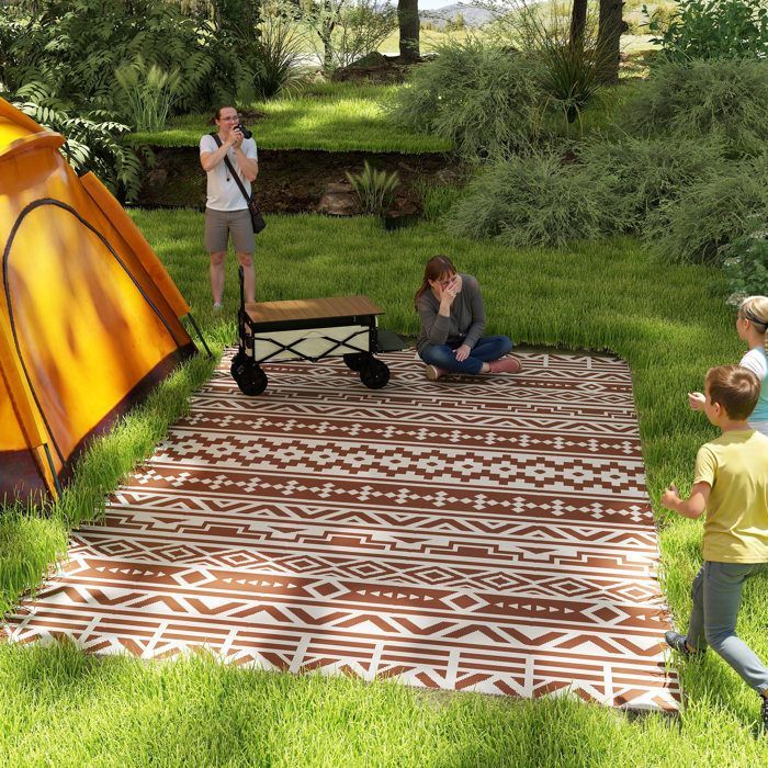 Buitenkleed - Outsunny - omkeerbaar - 1,8 x 2,7 m - geometrisch wandpatroon - gemaakt van PP - inclusief draagtas - rood en wit
