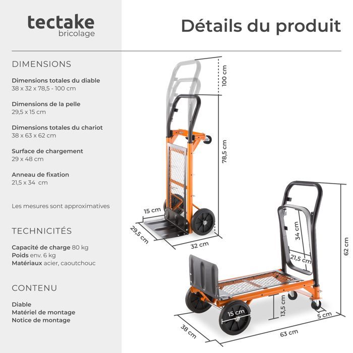 Sackkarre – TECTAKE – 2-in-1-Wagen mit Stahlring und Gummiband zur Taschensicherung, 80 kg Tragkraft – Orange