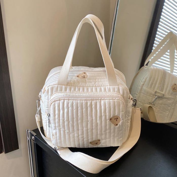 Large Quilted Bear/Flower Diaper Bag, Multifunctional, Adjustable Shoulder Strap, Cotton, Diaper Pouch.