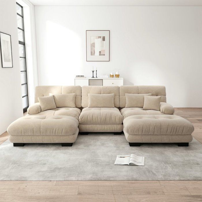 Modular corner sofa - LANGTU - Modular U-shaped cloud sofa - Light brown chenille - 3-seater configuration - Matching ottomans