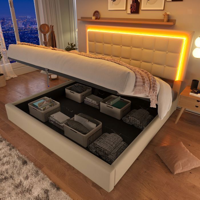 Letto matrimoniale con rete a doghe e contenitore integrato, materasso imbottito, lampada a LED inclusa, dimensioni 180x200 cm.