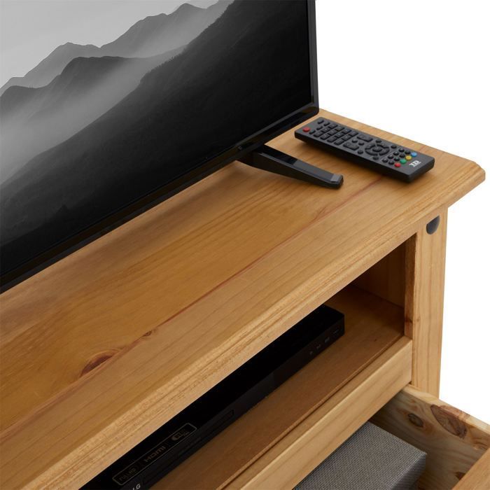 Mueble para TV SALSA, banco de madera de estilo mexicano de 108 cm con 2 cajones y 1 nicho, fabricado en pino macizo con acabado teñido y encerado.