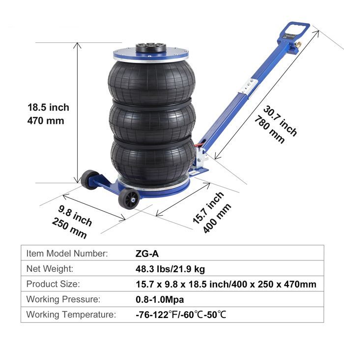 Gato neumático Duoku de 5 toneladas con triple bolsa: elevación rápida con mango ajustable para reparaciones en talleres automotrices.