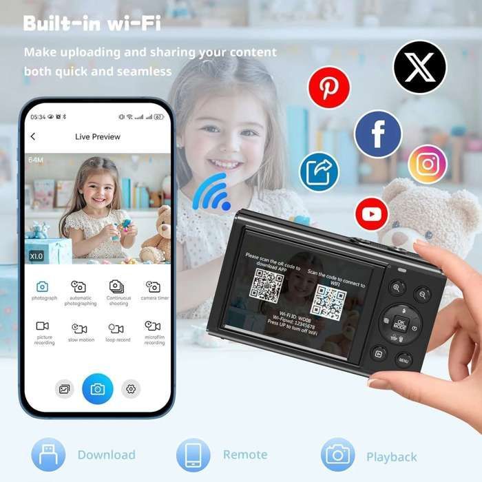 Cámara digital 5K Ultra HD de 80 MP - Pantalla dual para selfies - Zoom 18x - Wi-Fi integrado - Tarjeta de 64 GB incluida - Mini videocámara negra