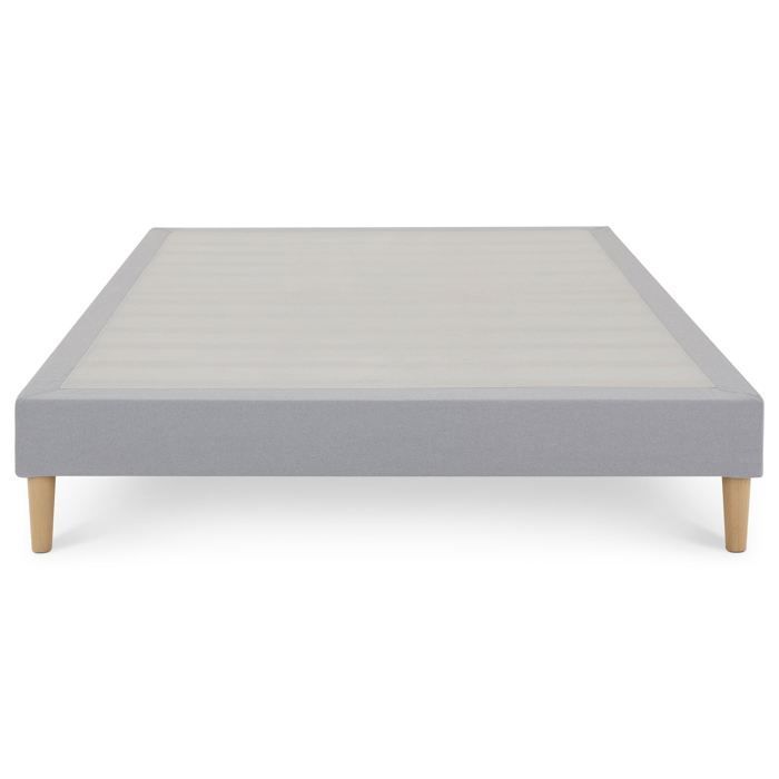 Base de cama tapizada VANNES de 120 x 190 cm, estructura de madera y revestimiento de tela gris, estructura de cama con patas y somier de láminas.