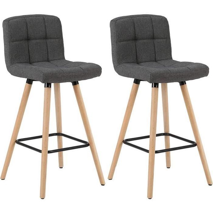 WOLTU Set of 2 Bar Stools with Footrests, Designer Bar Chairs in Solid Wood and Linen, Dark Grey