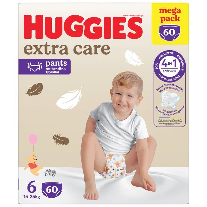 Huggies - Culottes bébé Extra Care - Taille 6 (15-25 kg) - 60 pièces - Mega pack - Hypoallergéniques, douces et respirantes