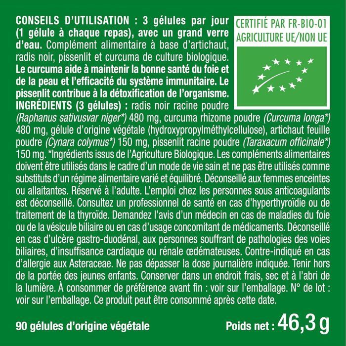 Lever- en darmontgifting • Biologisch complex met artisjok, zwarte radijs en kurkuma • Natuurlijke ontgifter • 90 plantaardige capsules - Nutrimea