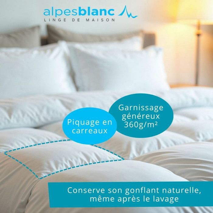 ALPES BLANC - Edredón de invierno natural 360 g/m² 280x240 cm - 30% plumón, 70% plumas - Cálido y mullido - Hecho en Francia