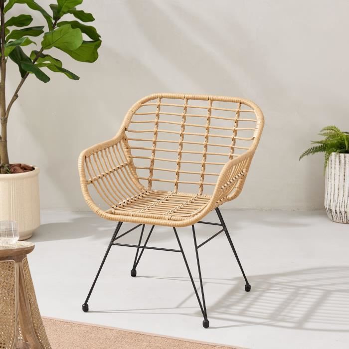 Conjunto de 2 sillones de jardín - Efecto ratán natural - Estructura de acero - 62 x 64 x 62 cm (ancho x alto x profundidad)