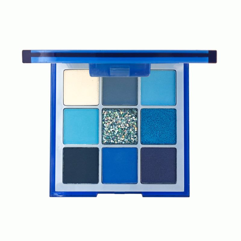 Paleta de sombras Fashion com 9 cores: azul, nude e amarelo. Maquiagem para olhos de longa duração para mulheres.