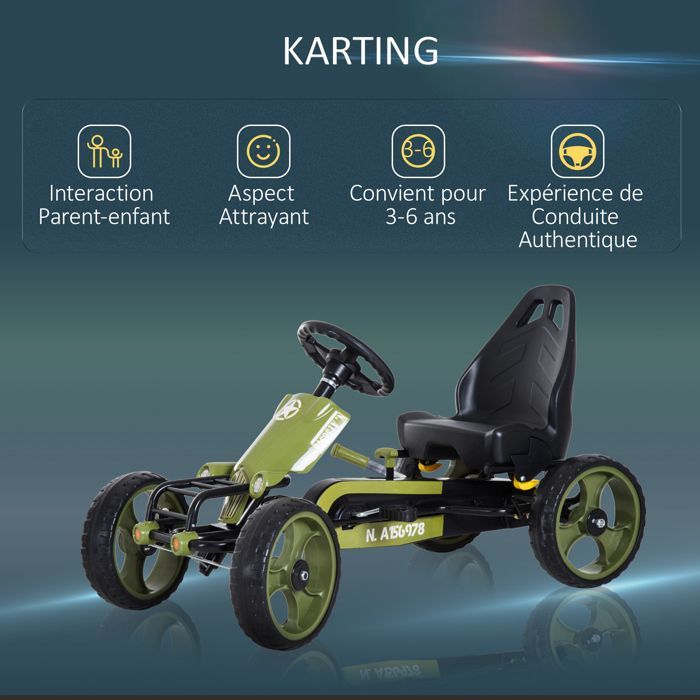 6968 Bicicleta infantil y vehículo tipo kart con pedales, asiento ajustable, freno manual, ruedas traseras de EVA y acero, color verde y negro.
