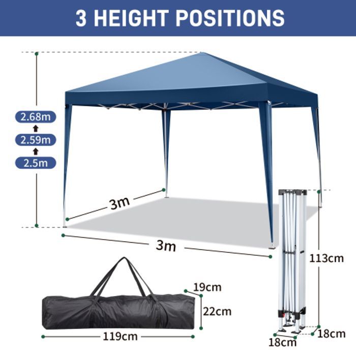 Tienda de campaña/cenador de 3*3 m para jardín, exteriores, recepciones, fiestas, color azul, 2 puertas + 2 ventanas.