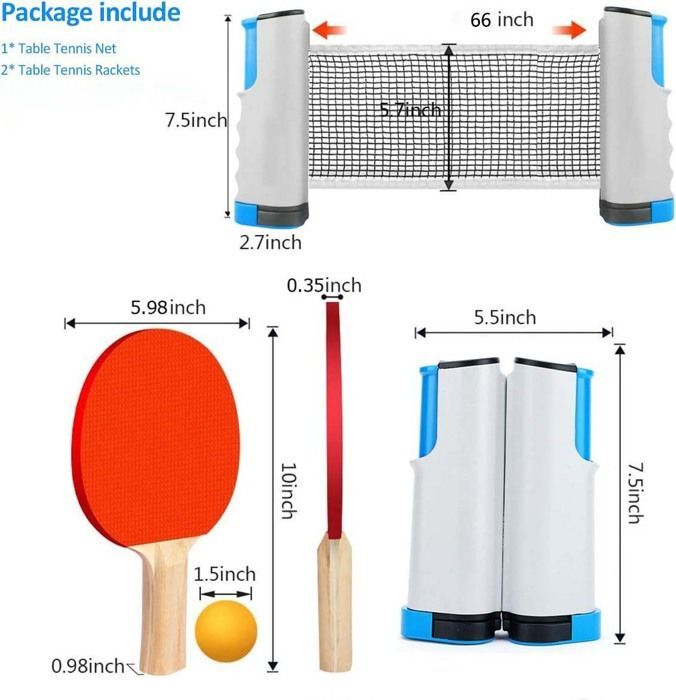 Table Tennis Racket Set - Grey, 2 Table Tennis Rackets + Retractable Table Tennis Net + 3 Balls