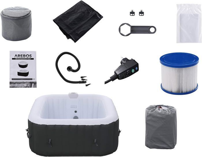 Spa hinchable AREBOS | Para uso interior y exterior | 4 personas | 154 x 154 cm | 100 chorros de masaje | Cuadrado | 600 litros