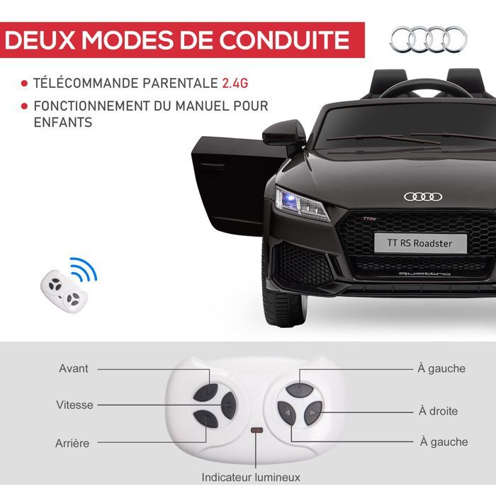 Electric car - HOMCOM - children's Audi TT RS 12V 30W speed 3 km/h remote control LED - PP - black