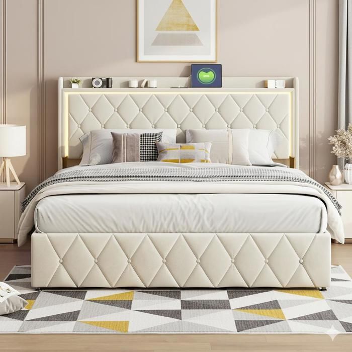 160x200cm Bed - 160x200cm Storage Bed and Slatted Base - Double Bed with RGB LED Headboard, USB Charging Port and Shelf - Beige Velvet