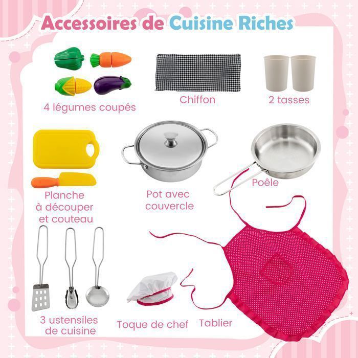 Cocina infantil COSTWAY de madera para mayores de 3 años - 17 accesorios, luces y sonidos, pizarra, regalo ideal, color rosa.