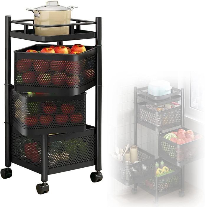 Carrito de cocina rodante de 3 niveles, carrito de metal con cesta giratoria, color negro, 28x28x54cm