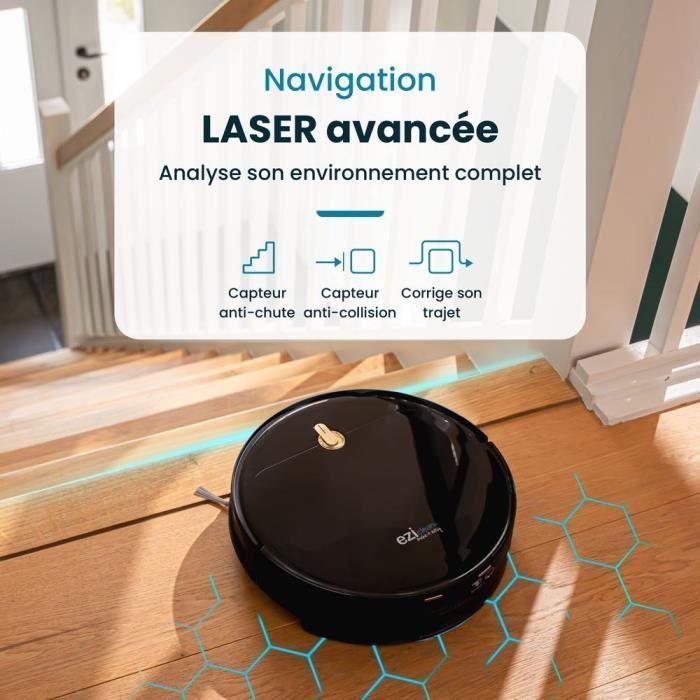 Robot Aspirateur Laveur Connecté EZICLEAN I-Bot Z5 - 75 min - 2.6Kpa - 60-90m² - Sols durs - 0.25L