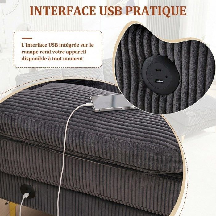 Canapé en U - LANGTU - Relaxation - Velours gris - LED d'ambiance & USB-C - Bois massif 4 places