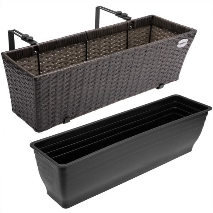 2x Bac à fleurs en polyrotin marron Jardinière pour balcon Pot de fleur avec fixation Terrasse Fenêtre Balustrade