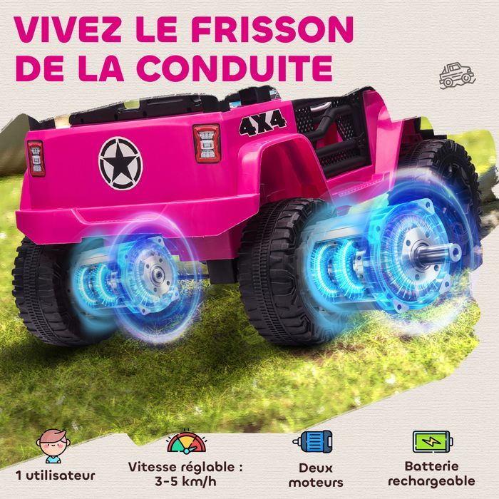 Coche eléctrico infantil HOMCOM - 12 V, 5 km/h máx., mando a distancia, efectos de luz y sonido - PP - 100 x 65 x 72 cm - Rosa