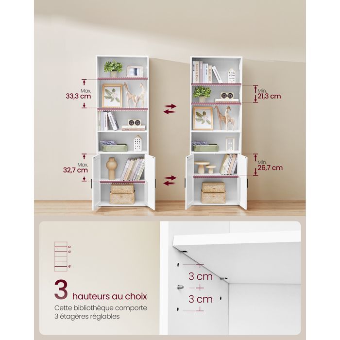 VASAGLE Bibliothèque, Étagère Haute sur 6 Niveaux, avec Portes, Meuble de Rangement Ouvert, 24 x 60 x 175 cm, Salle à Manger, Blanc