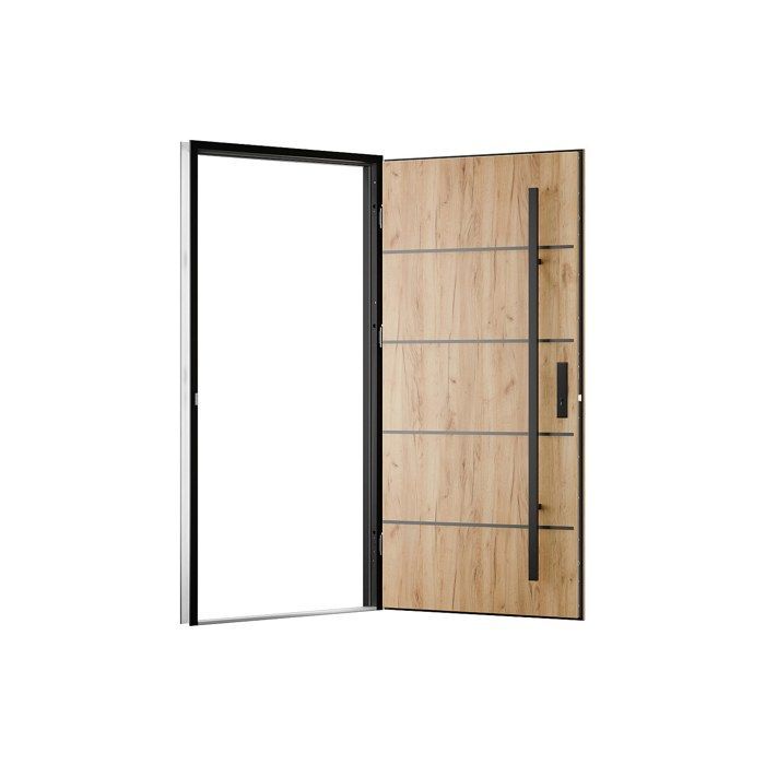 Porte d'entrée en acier pleine et inox H207 x L100 cm effet chêne - épaisseur 68 mm - poussant gauche - LUSADA