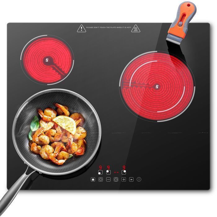 Plaque Vitrocéramique 3 Foyers Encastrable,Plaque de Cuisson,Table de Cuisson 59 cm, 5200W, 9 Niveaux de Puissance, Minuteur Intégré