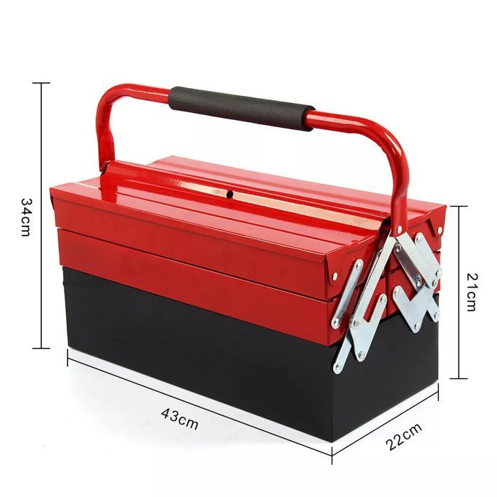 Caja de herramientas de 3 niveles con 5 bandejas retráctiles, caja de herramientas metálica, estuche para herramientas de 43x22x34cm, color rojo.