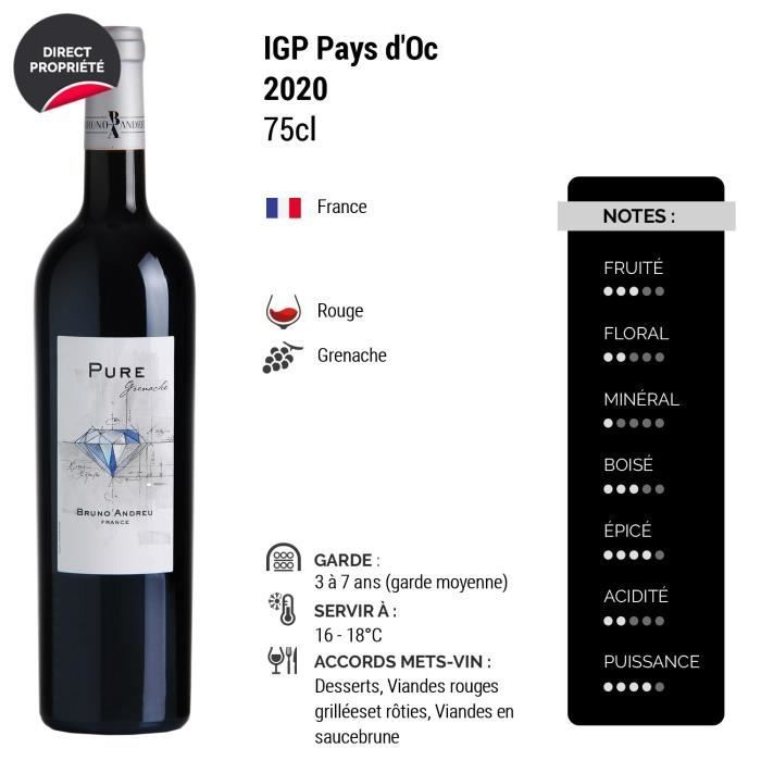 Pays d'Oc Pure Grenache Rouge 2020 - Lot de 3x75cl - Bruno Andreu - Vin IGP Rouge du Languedoc - Roussillon - Cépage Grenache