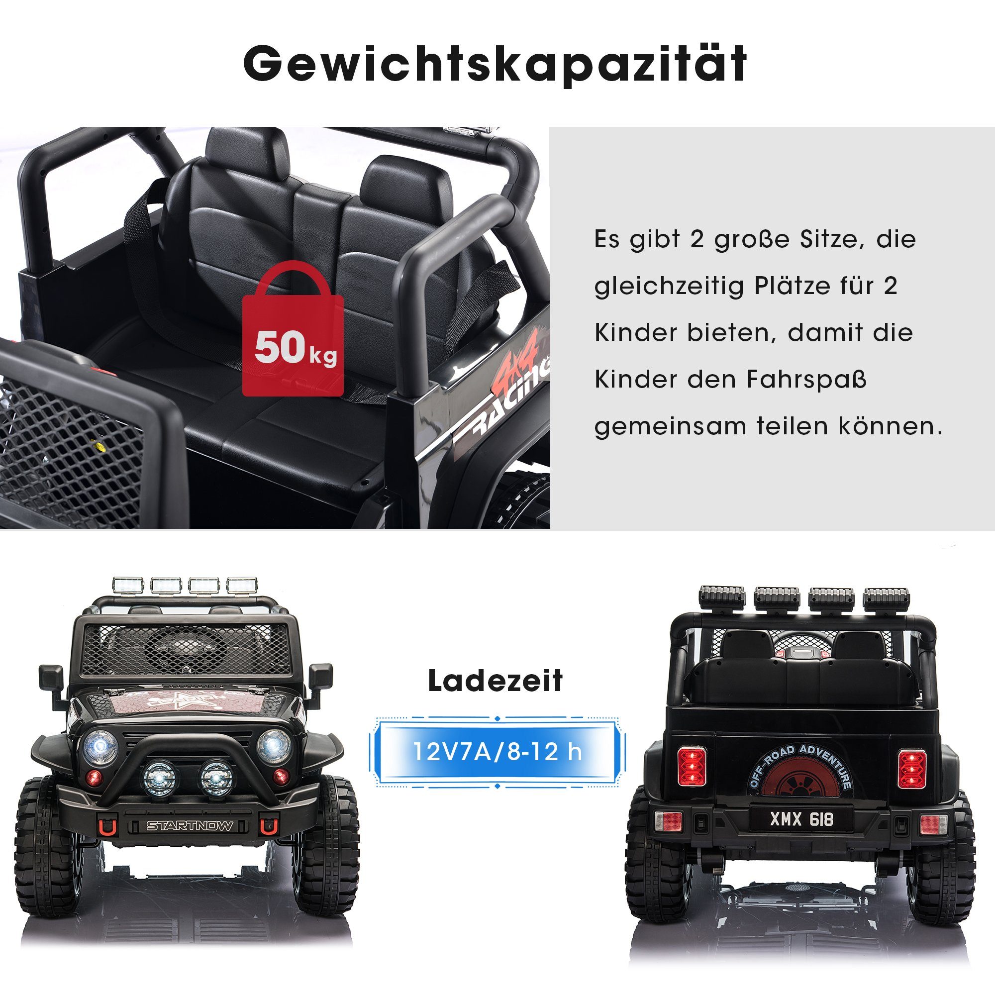 Merax elektrische kinderauto, draagvermogen 50 kg, met 2 zitplaatsen, elektrische auto met USB, AUX en Bluetooth inclusief afstandsbediening