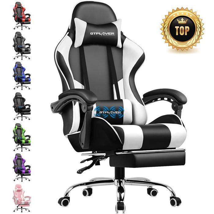 Silla gaming con reposapiés, cojín de masaje lumbar, silla de oficina ergonómica con reposabrazos sincronizados (blanca)