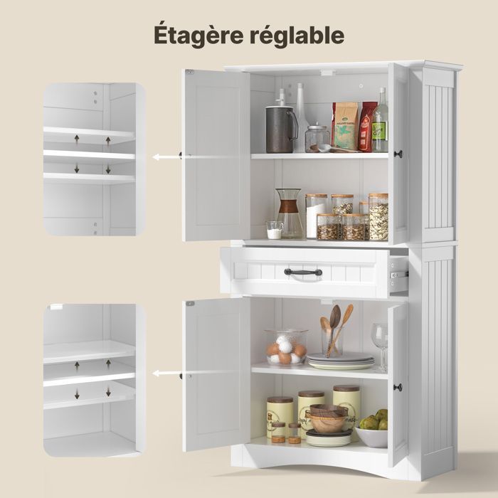Meuble Haut Salle de Bain - Bealife - Rangement Modulable - 2 Portes - 1 Tiroir - Étagères Réglables - Blanc 73x31x130cm
