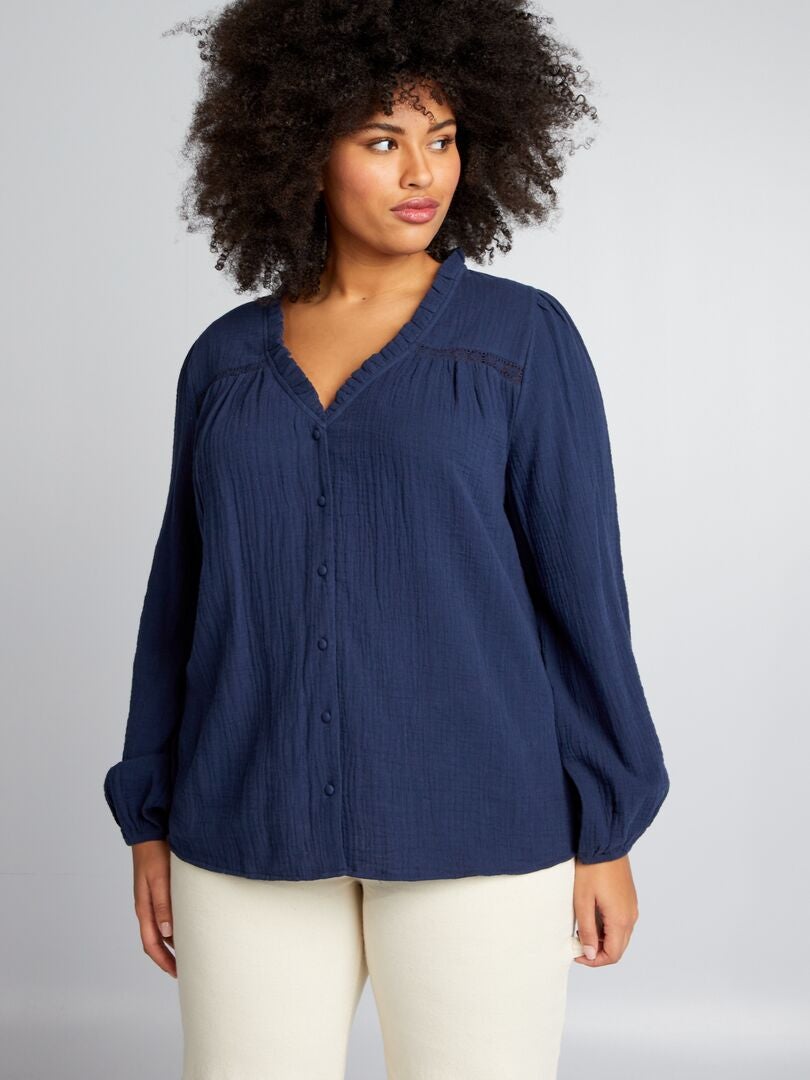 Blouse van katoenen gaas met rucheskraag - ZWART