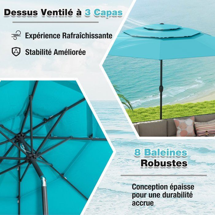 COSTWAY Parasol 3M Auto-inclinable à 3 Niveaux avec Double Ventilation Fonctionnement avec Manivelle Poteau en Aluminium Vert