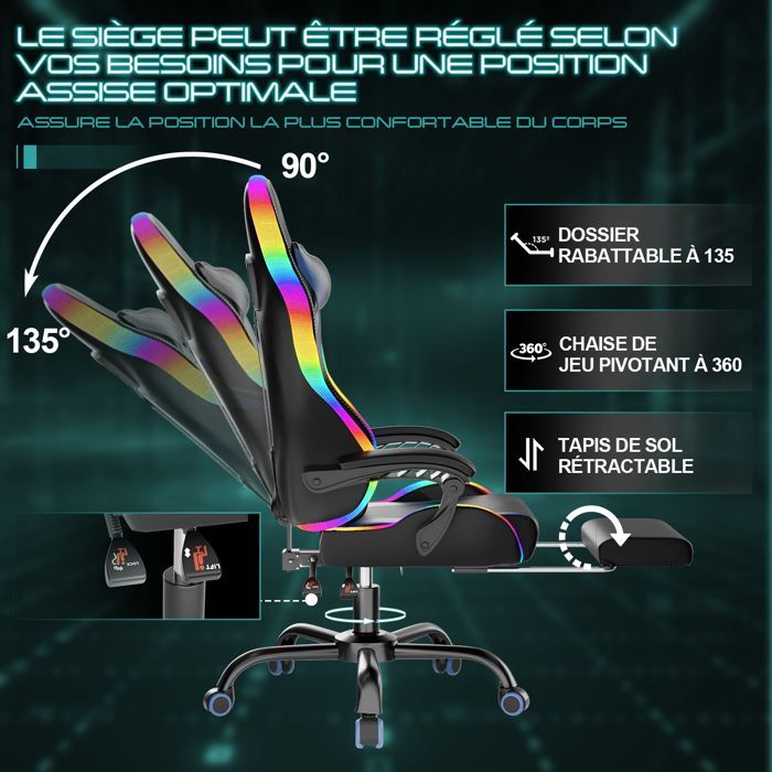 Sedia da gaming ergonomica con LED RGB, massaggio lombare e poggiapiedi – Sedia da gaming con poggiatesta regolabile – 180 kg, bianca