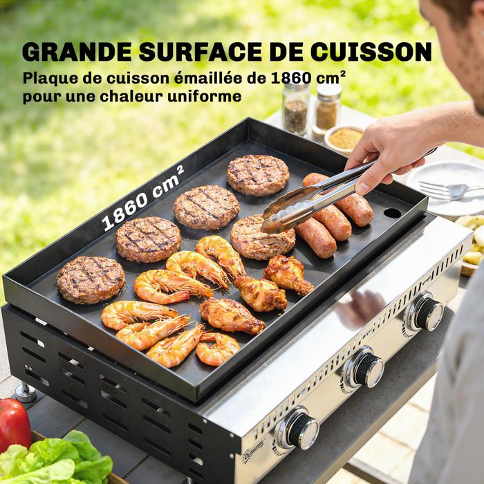 Plancha gaz - Outsunny - 3 brûleurs en acier inoxydable 9kW - surface cuisson 56,5 x 33 cm - noir