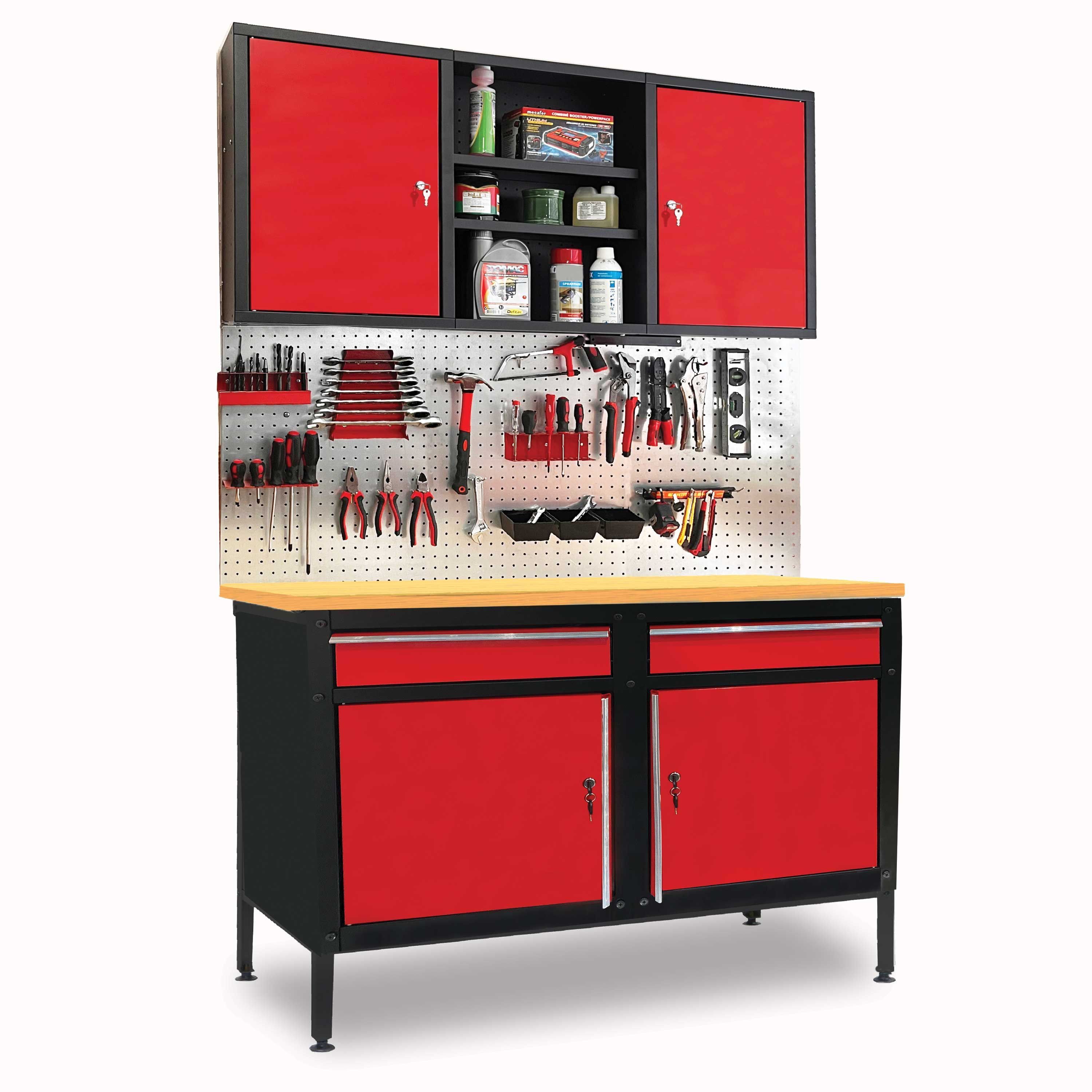 Komplette modulare Werkstatt – DEFPRO – Werkbank und Wandschrank – 190 cm – Stahlrahmen – bis 150 kg – verstellbare Füße