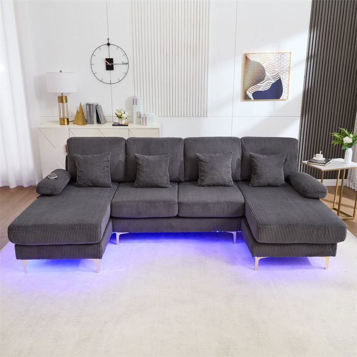 Sofá moderno en forma de U de DRIPEX para 4/5 personas con iluminación ambiental LED y puerto USB-C, incluye 4 cojines, color gris.