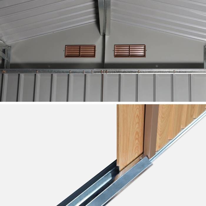 Abri de jardin en métal - FERRAIN 5.29m² couleur chêne - Cabane à outils avec deux grandes portes coulissantes. kit de fixation