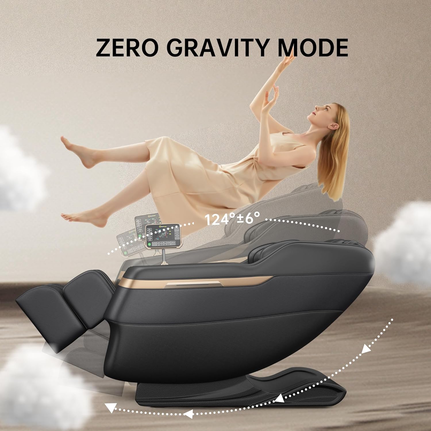 Fotel masujący Real Relax 2024, masaż całego ciała w trybie zerowej grawitacji, z masażem stóp, Bluetooth, LCD, podgrzewacz talii, czarny