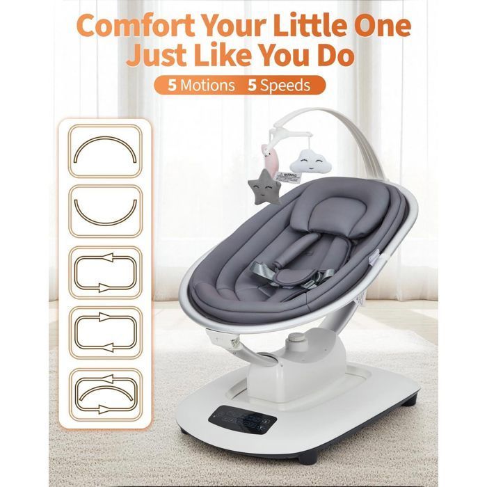 3 en 1 Balancelle Transat Bébé Électrique avec Télécommande,Table à manger,5 Modes balancement,Minuterie,Musique - Gris fonce