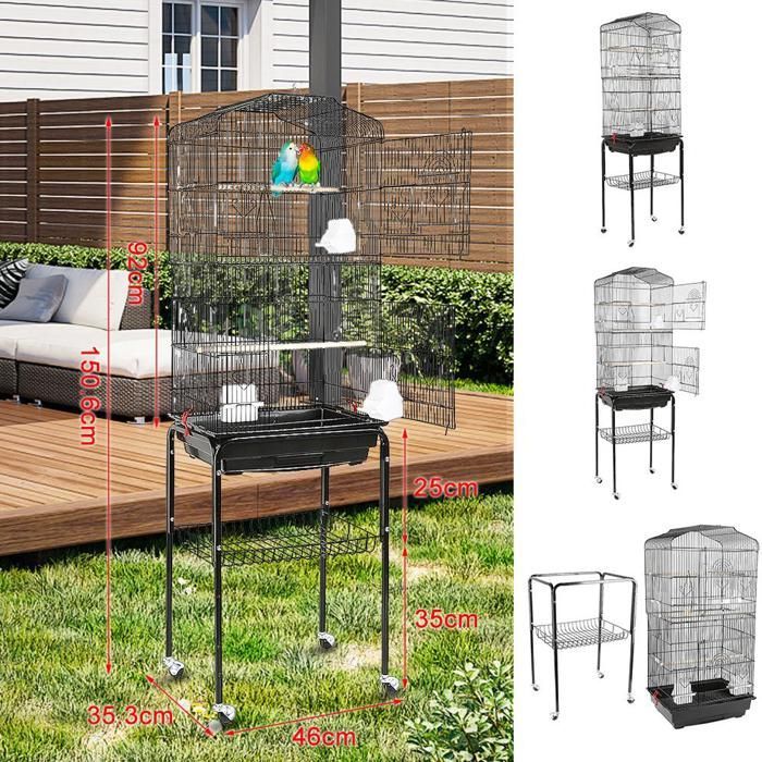 MIPAN. Bird Cage Aviary with Feeders + Wheels - For Canaries, Budgies, Parrots - 46×35.3×150.6cm - Black