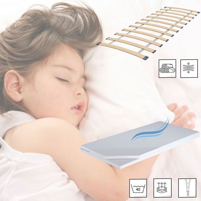 Cama infantil LUK de 70x140 cm con colchón, somier de láminas y cajón, barandilla de seguridad, color blanco.