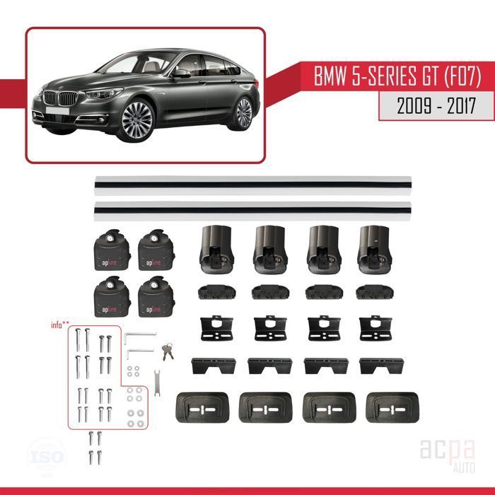 Barras de techo ACE-3 para BMW Serie 5 Gran Turismo (F07) 2009-2017, portaequipajes de aluminio, 2 barras, color gris.