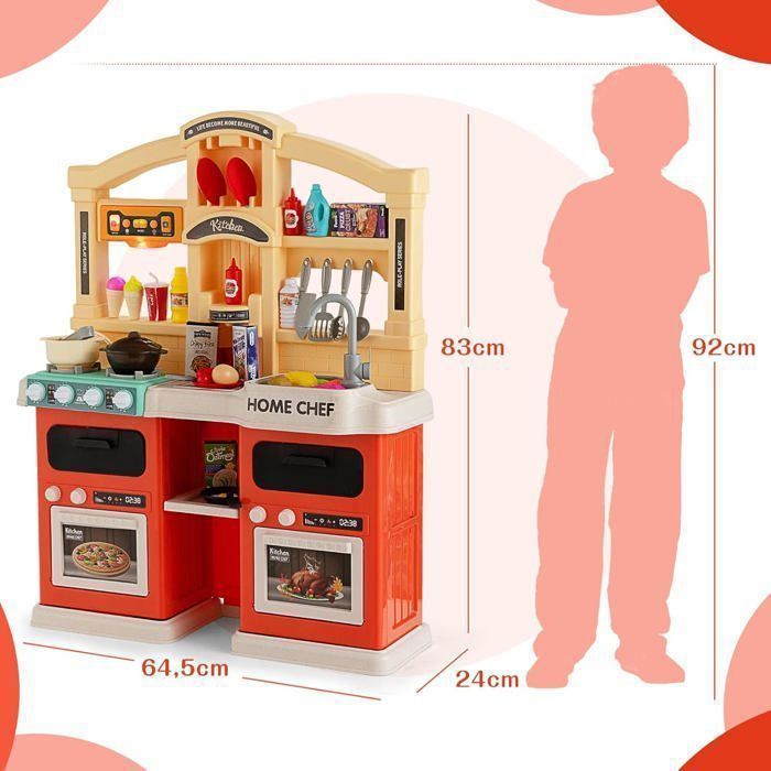 COSTWAY Kinderkeuken met 42 accessoires, speelkeukenset, realistische licht- en geluidseffecten, kerst- en verjaardagscadeau voor kinderen vanaf 3 jaar, oranje