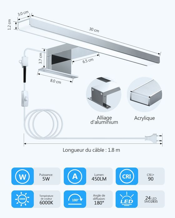 Lampe pour Miroir LED Salle de Bains 5W 450lm 230V 30cm Blanc Neutre 6000K Lampe Miroir Applique Murale Intérieure Moderne IP44