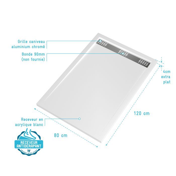 Plato de ducha de acrílico blanco de 80x120x4 cm - Rejilla lineal cromada - BLANQUEAMIENTO II